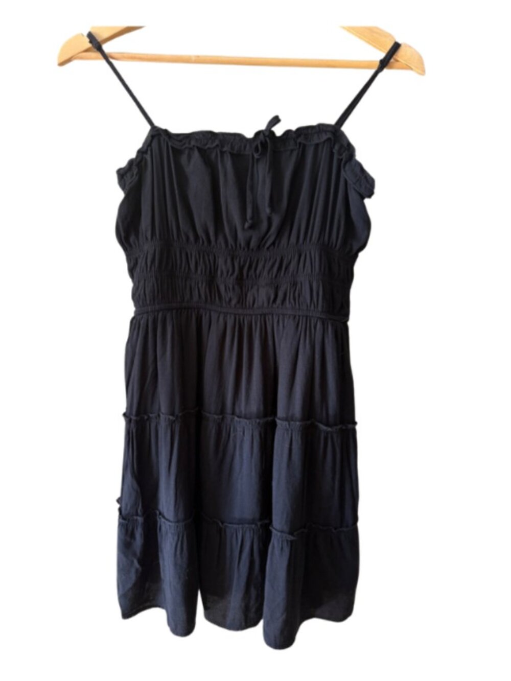 Cottagecore Black Tiered Mini Dress Smocked Bodice Spaghetti Strap Ruffle